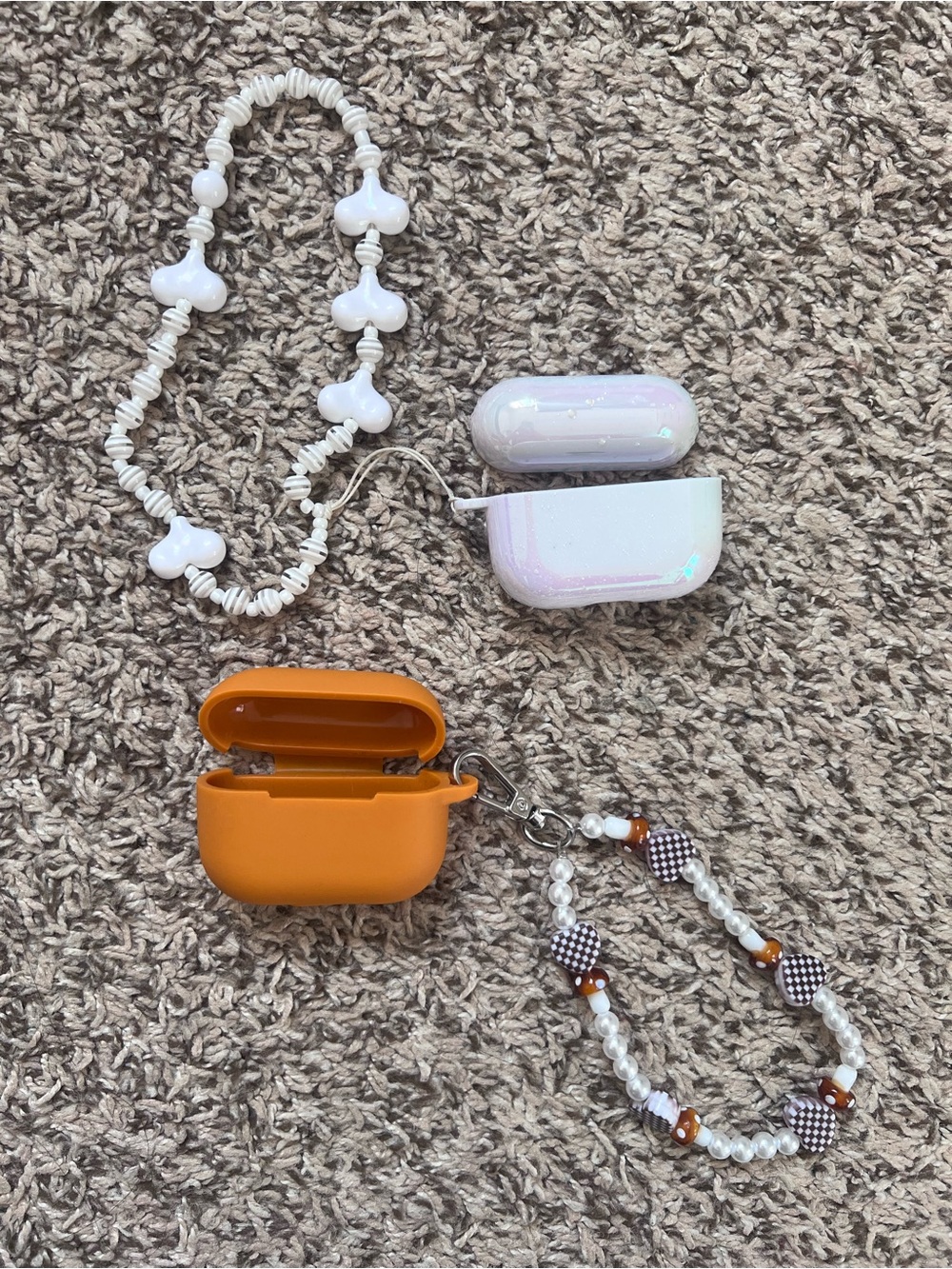 Iridescent White, and Orange Beaded AirPods Case Set with Detachable Charm Strap